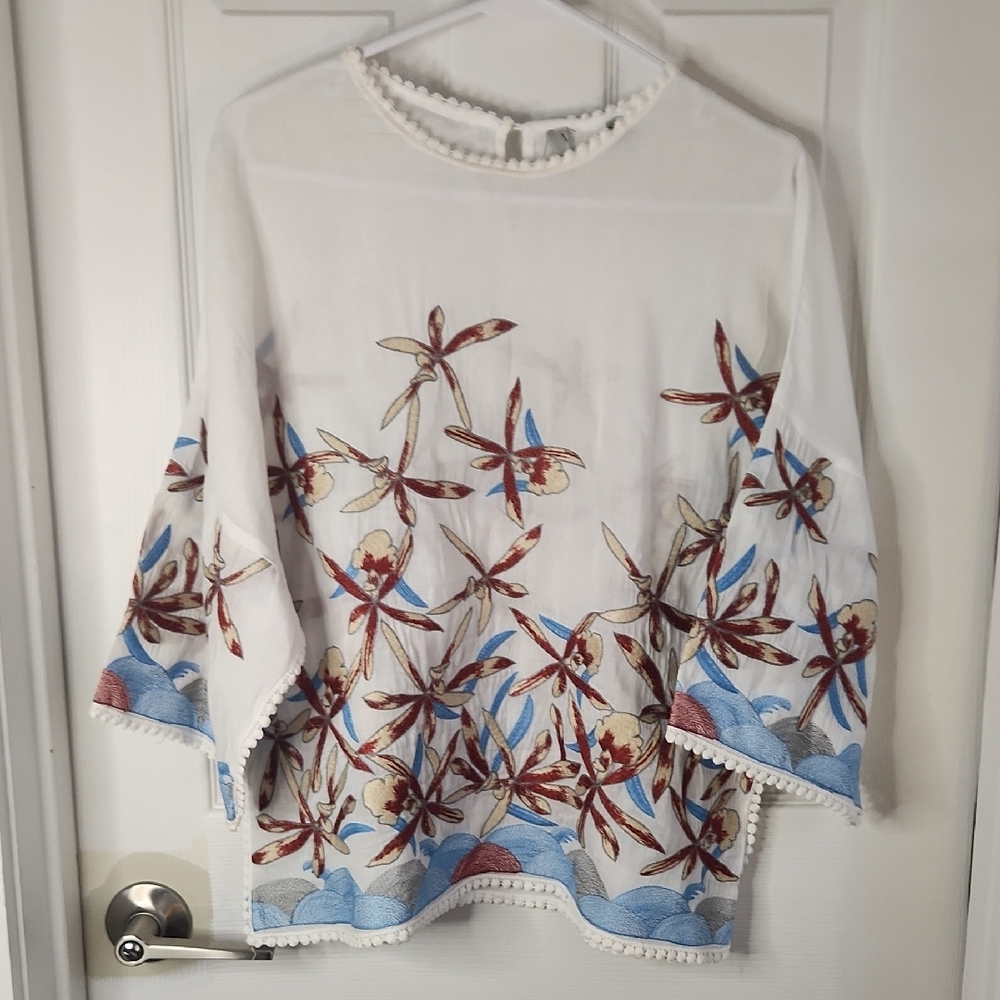 Lightweight Embroidered Semi-Sheer Boho Blouse with Detailed Trim - Picture 2 of 8
